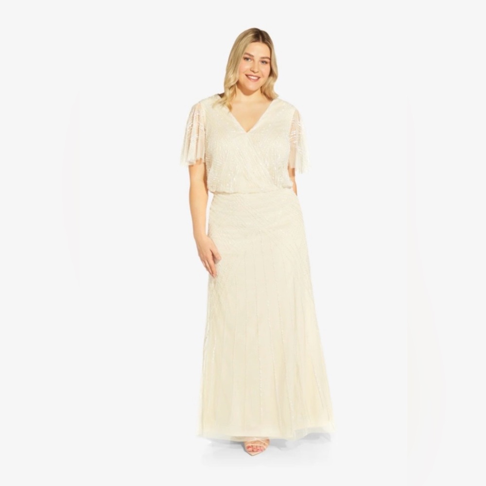 Adrianna Papell Cream Beaded Fringe Sleeve Maxi Dress